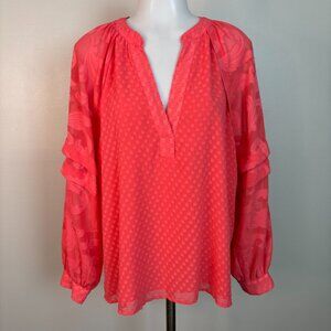 Vince Camuto Blouse Large Bright Coral Pink Textured Long Sleeve Top Women's